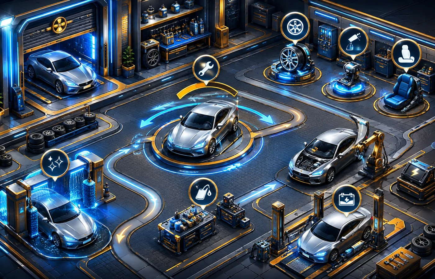 Top-down futuristic car-care garage artwork with multiple service stations and vehicles