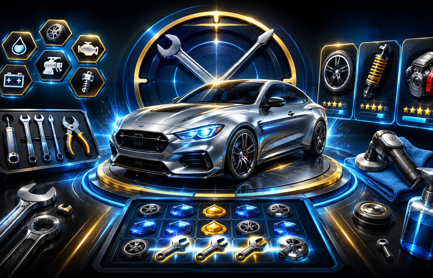 Stylized car-care puzzle interface artwork with tools, parts, a silver car, and blue-gold lighting