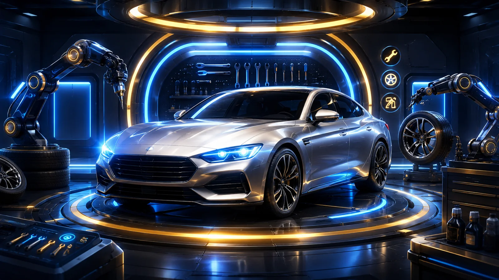 Premium car-care workshop artwork with a silver car, tools, blue lighting, and gold accents