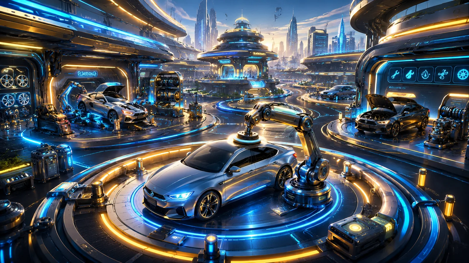 Futuristic automotive service district with garages, cars, robotic tools, blue lights, and gold accents